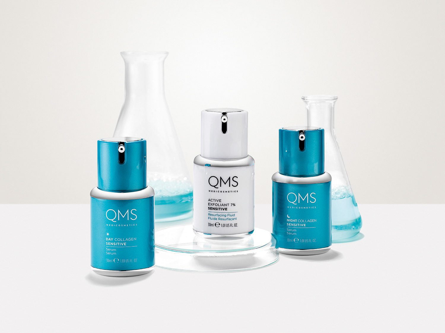 Exfoliant Fluid, Day Collagen und Night Collagen von !QMS Medicosmetics - evas concept